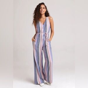 Bella Dahl Relaxed Fit Button Front Striped Pink/Blue One Piece Jumpsuit XS